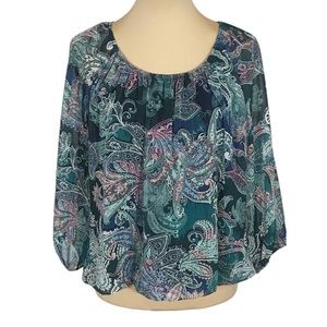 NY Collection Green & Pink Paisley Popover Blouse, Petite Large